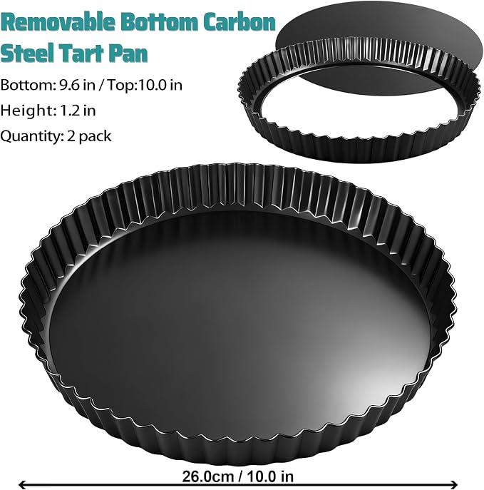 Tart Pan 2 Pack,10 Inch Non-Stick Carbon Steel Quiche Pan with Removable Loose Bottom, Deep 1.2 Inch Tart Pie Pan for Mousse Cake, Apple Pie, Cheesecake