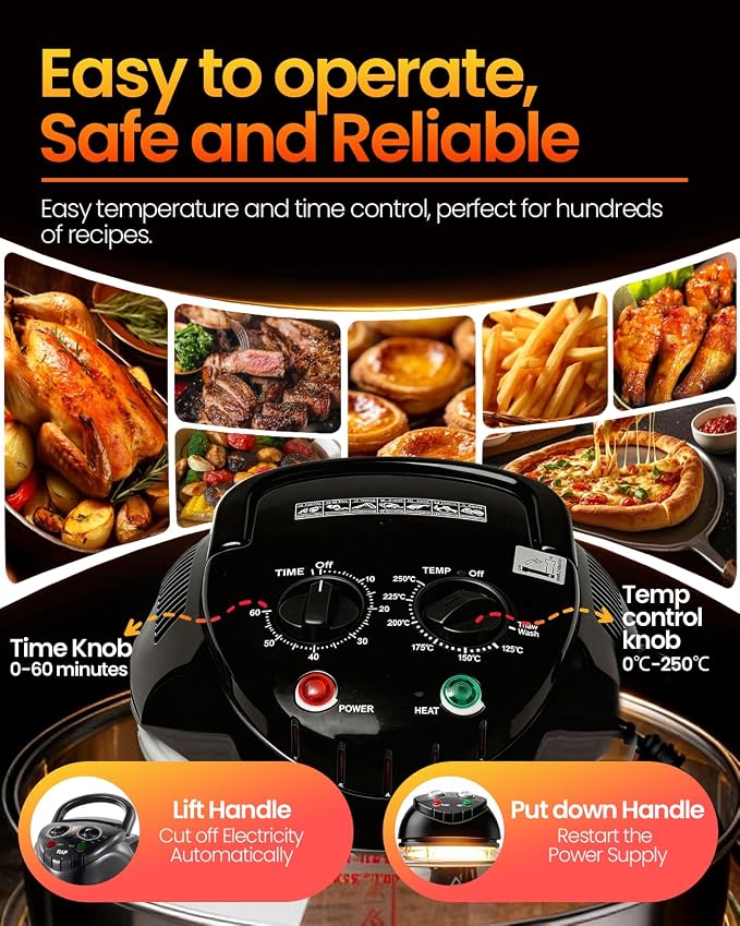 20L Black Glass Air Fryer Oven, Halogen Infrared Convection Countertop Cooker, Large Capacity Healthy Air Fryer for Fries, Chicken and More