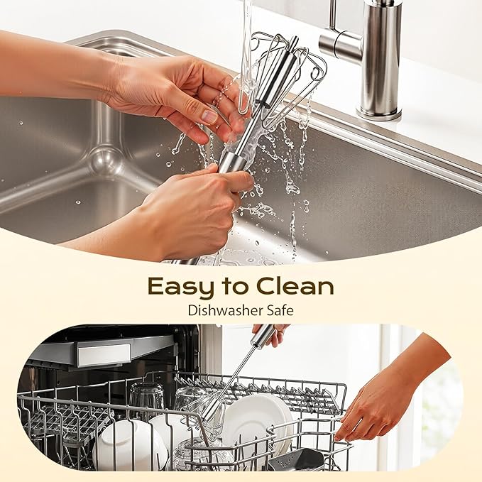 Upgraded Stainless Steel Semi-Automatic Whisk, Easy Push Hand Whisks for Eggs, Cream, Coffee & Light Mixing, Easy Clean Kitchen Whisk for Everyday Cooking (10in)
