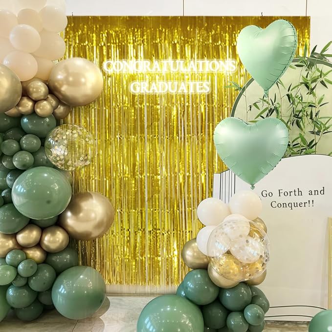 157PCS Sage Green Gold White Balloons Garland Arch Kit with Fringe Curtain for Birthday Baby Shower Gender Reveal Weddings Bridal Shower Graduation Party Decorations