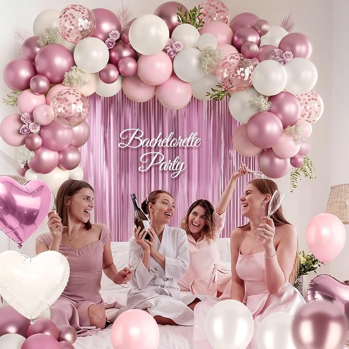 157Pcs Pink and White Balloons Garland Arch Kit with Metallic Pink Fringe Curtain for Girl Princess Woman Bridal Shower Engagement Wedding Baby Shower Birthday Party Decorations