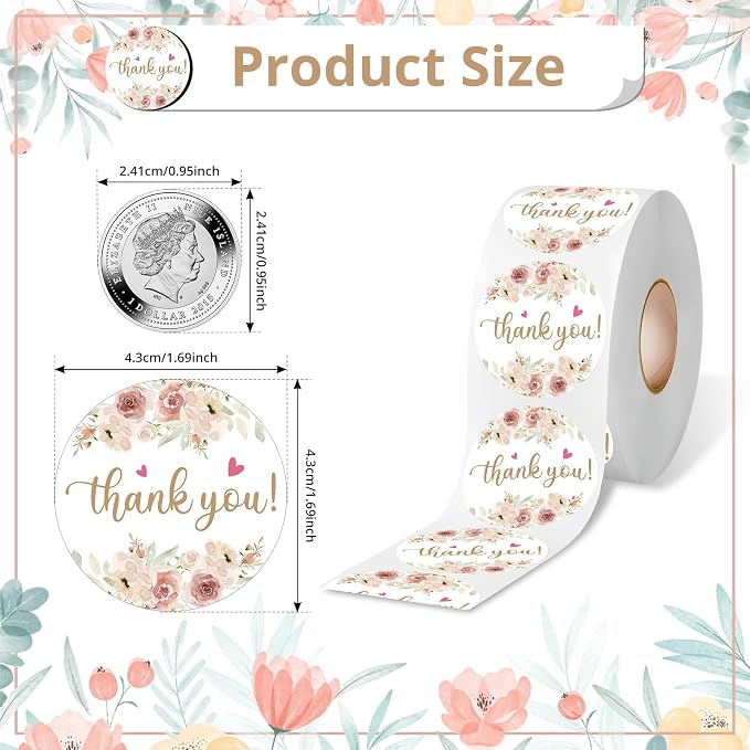 PNTKION Stickers Rolls, 500 PCS Cute Floral Thank You Stickers, Business Aesthetic, Convenient Durable, Unique Design, Wide Applications, Satisfaction Guarantee