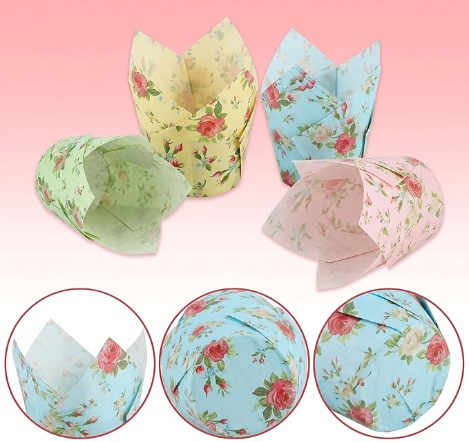 200 Pcs Floral Tulip Cupcake Liners for Baking, Color with Wildflowers | Standard Greaseproof Tulip Muffin Liners for Baking, 3oz Paper Cupcake Wrappers for Party Wedding Birthday