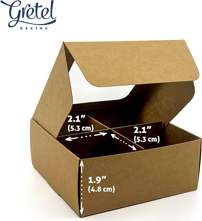 Treat Boxes - 20 ct 4.5 x 4.5 x 1.9 in Bakery Boxes with Windows and Dividers for Candy, Cookies, Cupcakes, or Bakery Desserts - Chocolate, Treats, and Baked Goods Packaging for Gifting