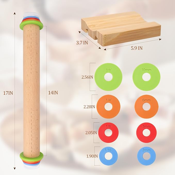 Adjustable Rolling Pin with Thickness Rings, Wood Dough Roller | natural beech wood, 8 plastic thickness rings, double-sided wooden stand, 17/14 inch, for pizza pasta cookies fondant clay