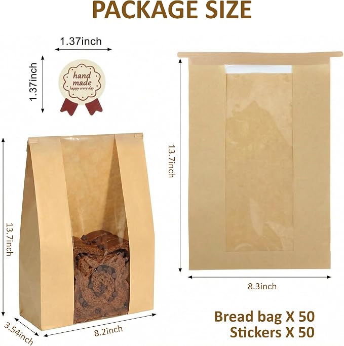 50 Pack Large Paper Bread Bags with Window & Tin Tie Tab Lock – Sourdough Bread Bags for Homemade Baking – Bakery Packaging for Gifting & Bake Sales 13.73" x 8.27" x 3.54"