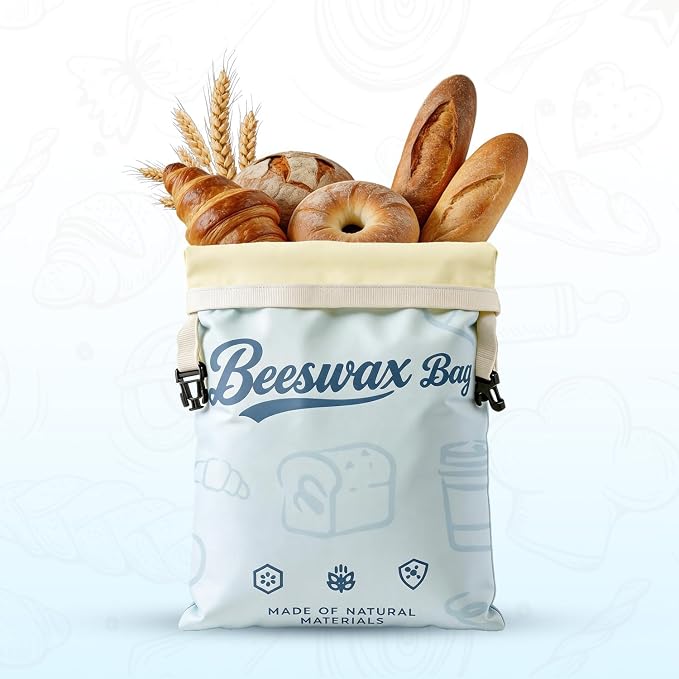 2 Pack Blue Beeswax Bread Bags for Sourdough, Reusable Organic Linen Beeswax Bread Bag 17 x 12.6 Inches, Food Storage Drawstring Cloth Bag, Freezer-Friendly Freshness Preservation for Homemade Baking