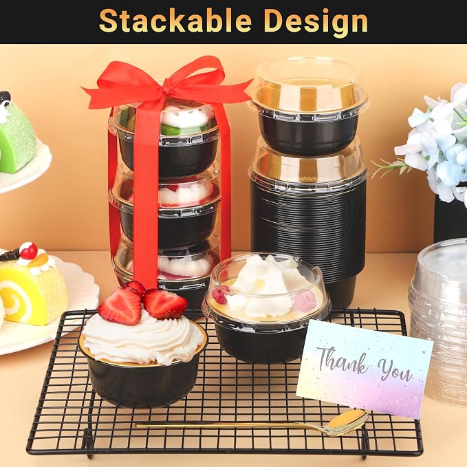 Beasea Aluminum Foil Ramekin Cups With Lids, 50 Pack 6.1oz 180ml Mini Disposable Foil Ramekins Aluminum Round Oven Baking Cupcake Cups for Party - Black Gold