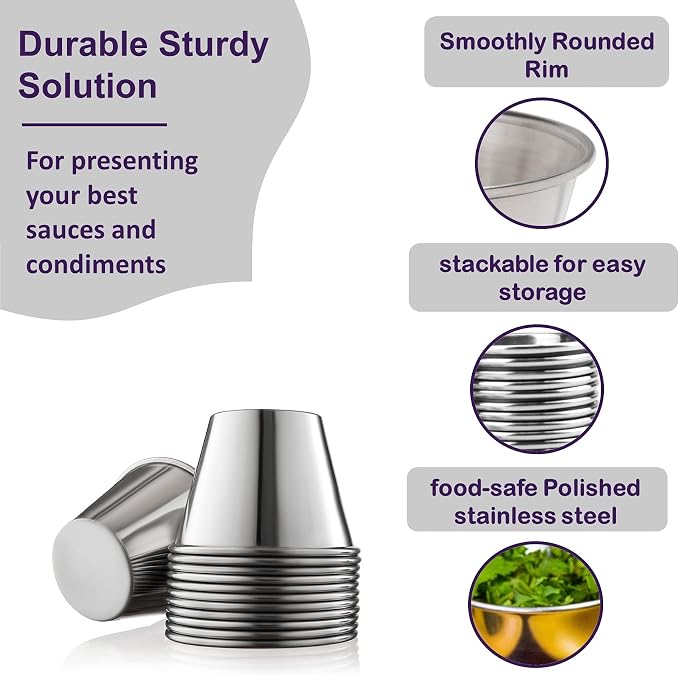 Nechtik Small Sauce Cups, Stainless Steel Ramekin Dipping Sauce Cup, Commercial Grade Individual Round Condiment cups (24 of 2.5 oz.)