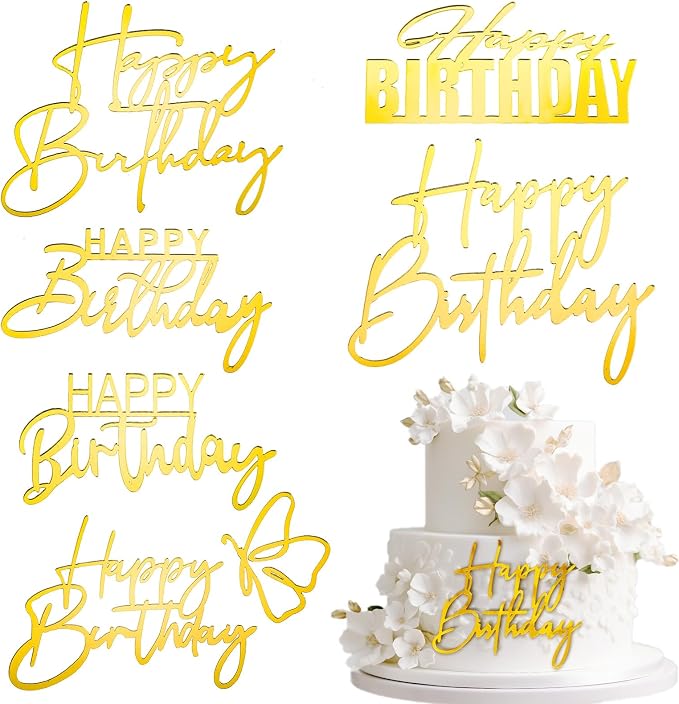 6Pcs Gold Acrylic Cake Toppers - Happy Birthday Sign Picks & Decorations for Celebrating Birthday & Anniversary Parties