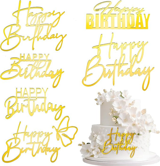 6Pcs Gold Acrylic Cake Toppers - Happy Birthday Sign Picks & Decorations for Celebrating Birthday & Anniversary Parties