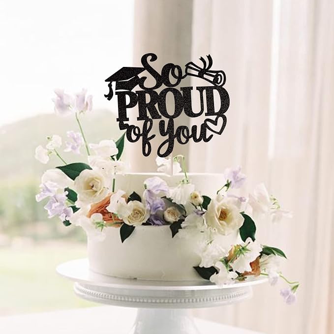 1 Pack So Proud of you Cake Topper with Gold Glitter Diploma Graduation Cap Cake Pick Contrats Class of 2024 Cake Decorations for 2024 Graduation Theme High School Boys Girls Graduate Party Black