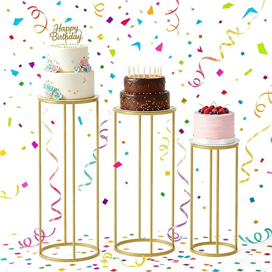 Urban Deco 3Pcs Cylinder Stands for Party, Round Pedestal Stand for Parties with Removable Acrylic Tops, Gold Metal Cake Stands, Cilindros para Fiestas for Birthday Party Wedding Baby Shower Decor