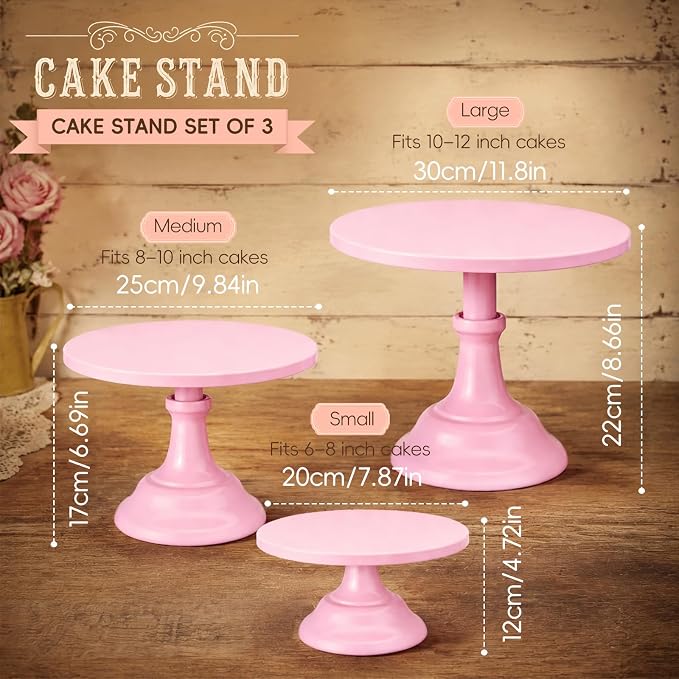Three-piece Cake Stand Set, Metal Round Trays, 8-inch, 10-inch, and 12-inch, for Dessert Table displays; Perfect for Christmas, Thanksgiving, Birthdays, Weddings, and Other Celebrations(Pink)