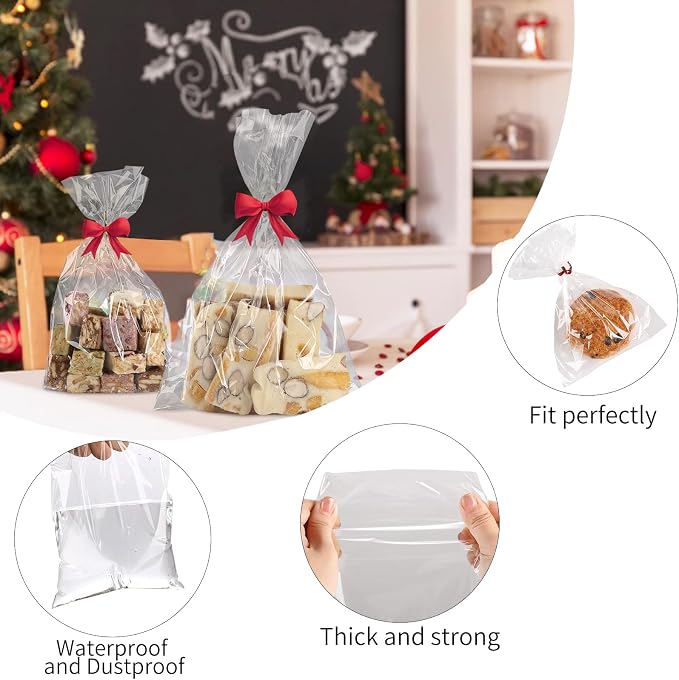MoloTAR 200 Pcs 6 in x 4 in(1.4mil.) Clear Flat Cello Cellophane Treat Bags Good for Bakery, Cookies, Candies,Dessert with five random color Twist Ties
