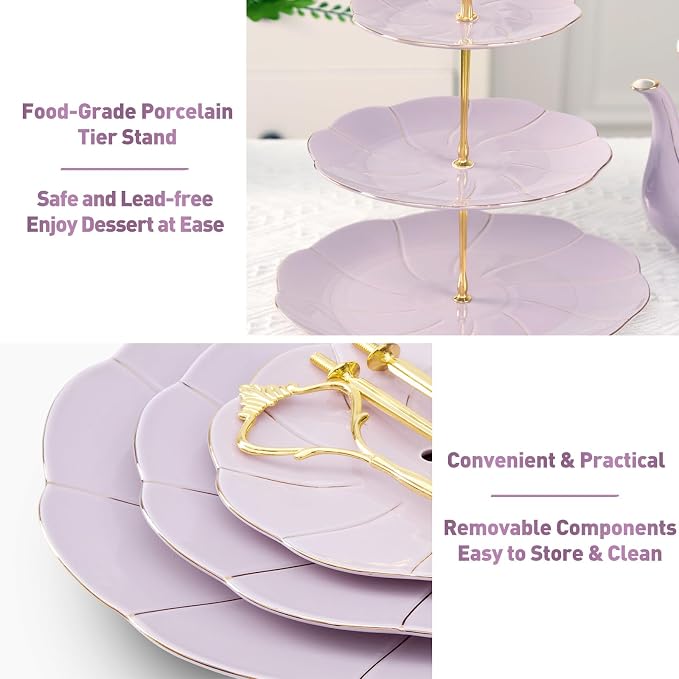 DUJUST Luxury Larger 3-Tier Cupcake Stand Tower, British Style Porcelain Serving Tray with Golden Trim, Food Grade Dessert Display Stand for Tea Party & Home Décor - 45% Purple Larger Plates