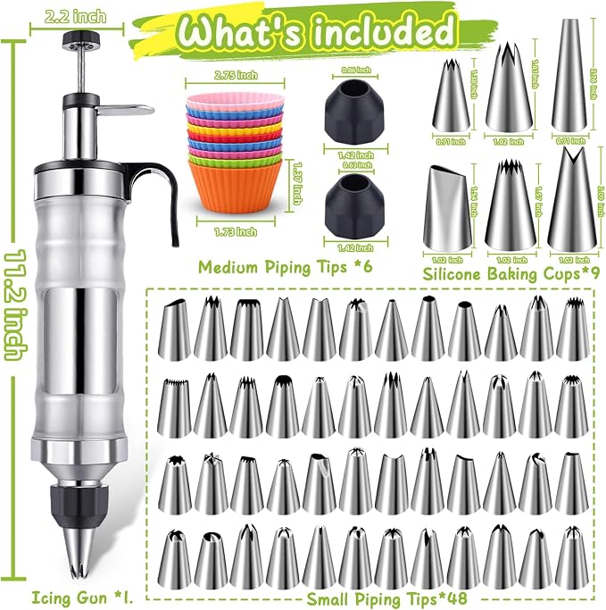 NOVANO Dessert Decorating Syringe Set, Black | Frosting Piping Kit, Stainless Steel, 54 Piping Tips, 9 Silicone Cupcakes