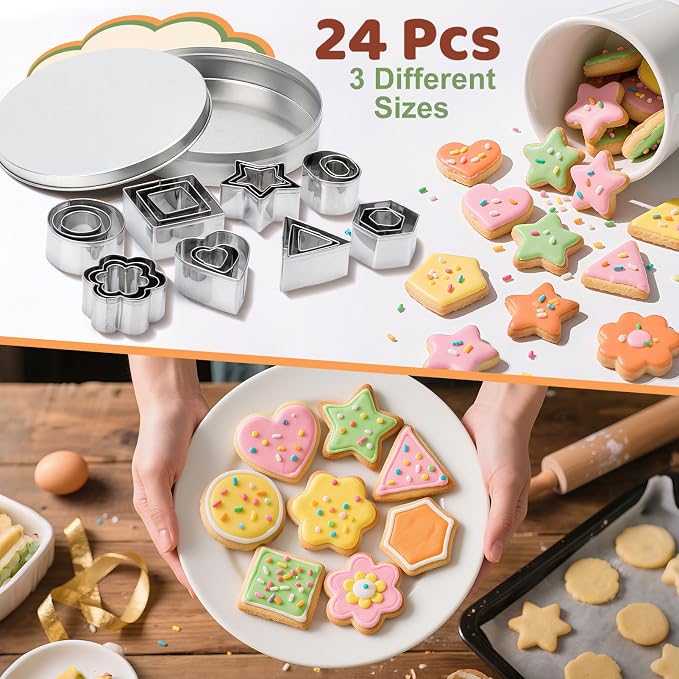 ofone Small Cookie Cutters Geometric Shapes Set, 24 Mini Fondant Cutter - Star Heart Flower Square Triangle Oval Circle Hexagon, Tiny Stainless Steel Biscuit Molds for Baking Dough Pastry Clay Fruit