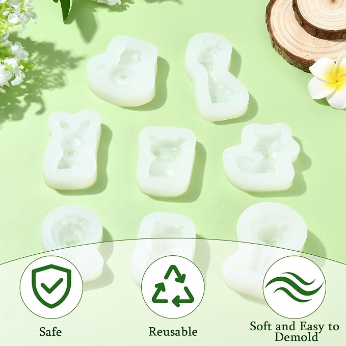 Ipotkitt White Animal Theme Silicone Molds Lion Rabbit Panda Pig Elephant Shape Molds for Chocolate Jelly Ice Candy Cake Crafts, 8pcs 8 Styles