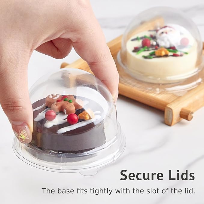 Zezzxu 100 Pack Mini Cake Containers, Clear Plastic Small Cupcake Boxes with Dome Lids for Individual Chocolate Covered Cookies, Strawberry, Mooncake (Clear Base)