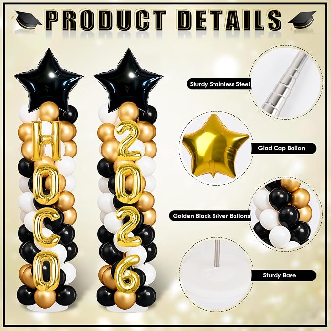 2 Sets Homecoming 2026 Balloon Column Stand Party Decorations Kits with Balloons Class of 2026 Hoco Balloon Tower Stand Kit for Homecoming Prom Party Photo Booth Props Backdrop Decor Party Supplies