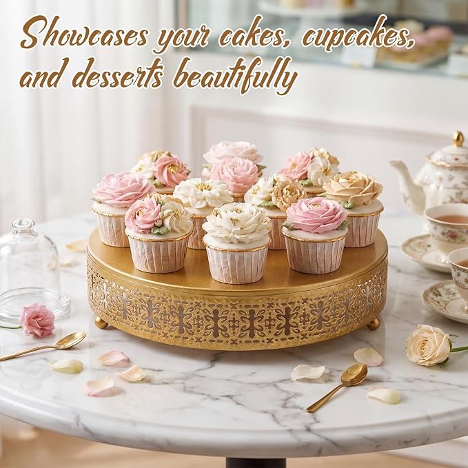 Wenqik Gold Cake Stand 12 Inch Metal Round Wedding Cake Stand with Cutting & Spatula Cupcake Dessert Cookies Display Holder Fruit Serving Tray for Wedding Birthday Anniversary Party