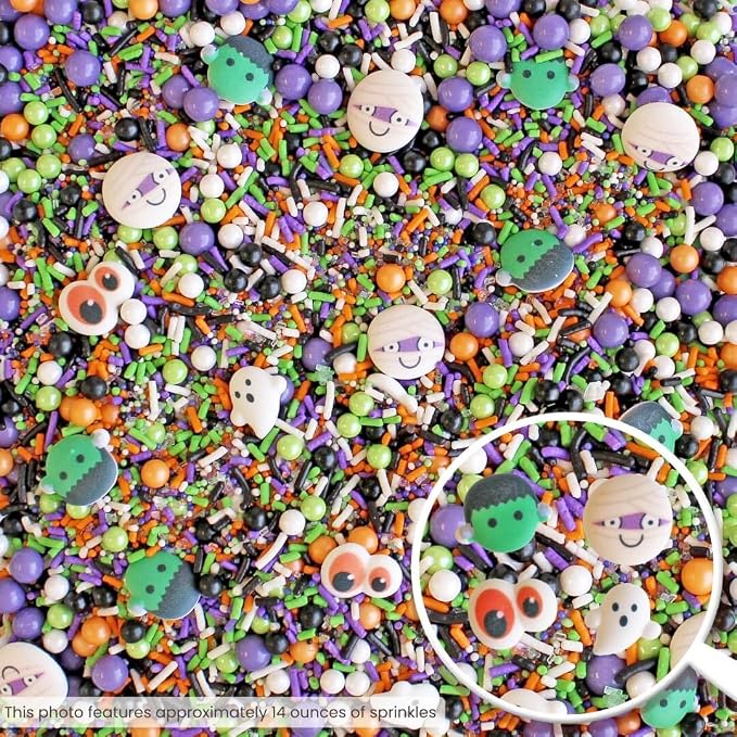 Sprinkle Pop Monster Mashup Sprinkle Mix| Orange Black White Lime Purple Sprinkles| Halloween Sprinkles with ~12 monster, ghosts, creepy eyeballs Made in USA for Decorating Cakes Cookies Cupcakes, 4oz