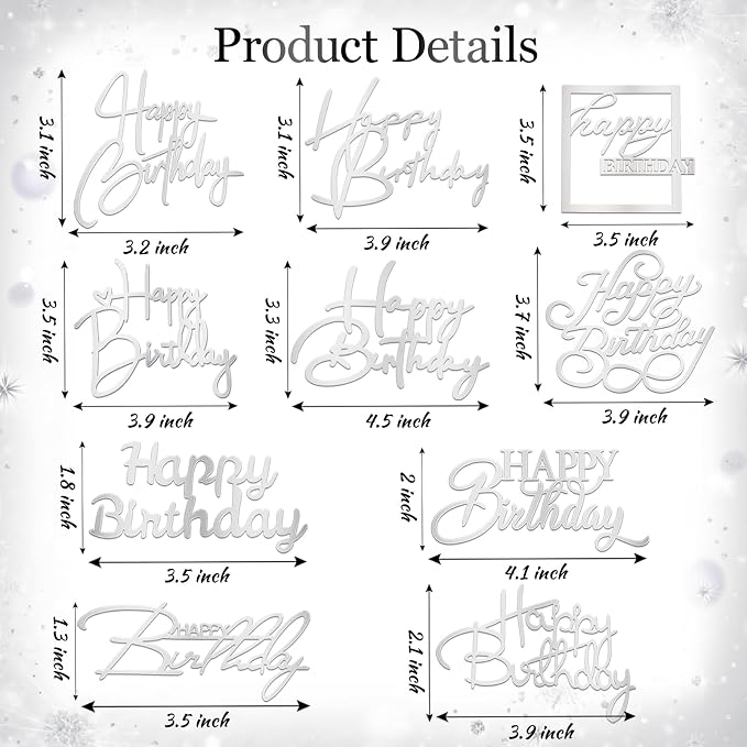 Wootkey 10 PCS Silver Happy Birthday Cake Topper Mirror Acrylic Cupcake Toppers Double-Sided Happy Birthday Sign for Cake Side Cupcake DIY Birthday Gift Flower Bouquet Decor