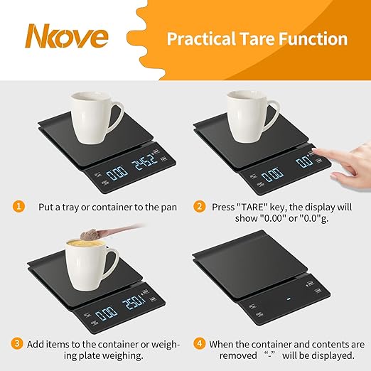 NKOVE Digital Coffee Scale with Timer, 3kg/0.1g High Precision Espresso Scale, Tare Function, 99‘59“ Max Count-Up, 3 Units (g/oz/ml), Battery Powered, Waterproof, Backlit LED for Pour Over & Espresso