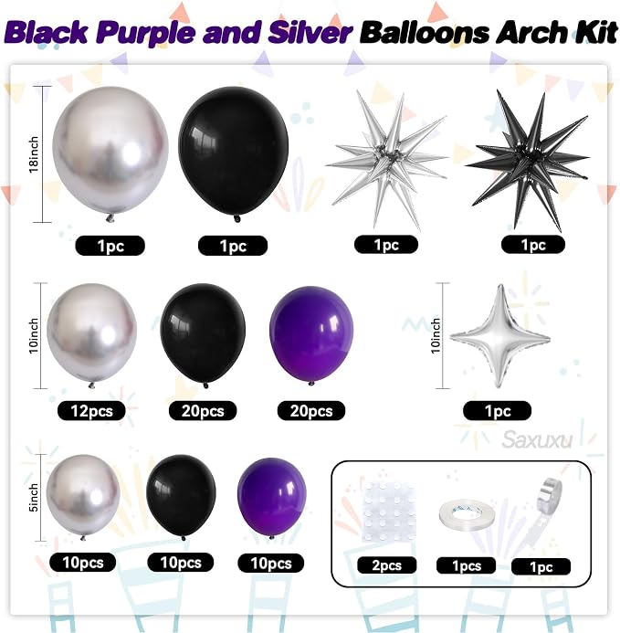Purple Black Balloon Arch Kit, Black Purple Silver Balloons garland Arch kit, Sliver Star Foil Balloons For Birthday Baby Shower Party Wedding Bachelorette Bridal Shower Graduation Halloween Decor