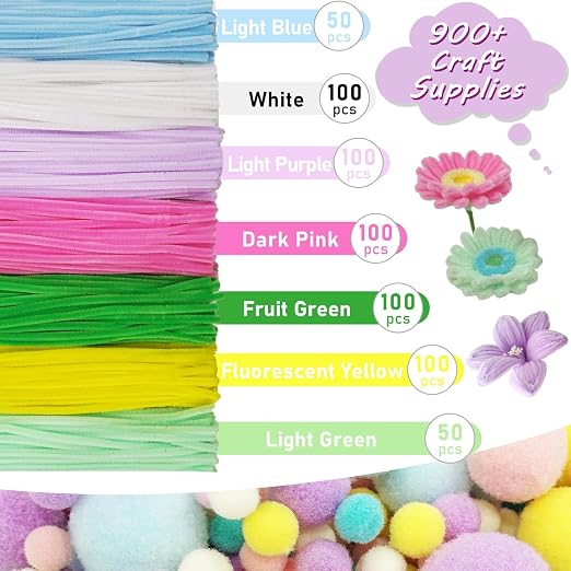7 Color Macaron Pipe Cleaners Bulk with Pompoms - 900pcs Craft Kit Fluffy Fuzzy Wire and Pastel Pom Poms Chenille Stems for Arts & Crafts, Flowers School Classroom Christmas Party Supplies