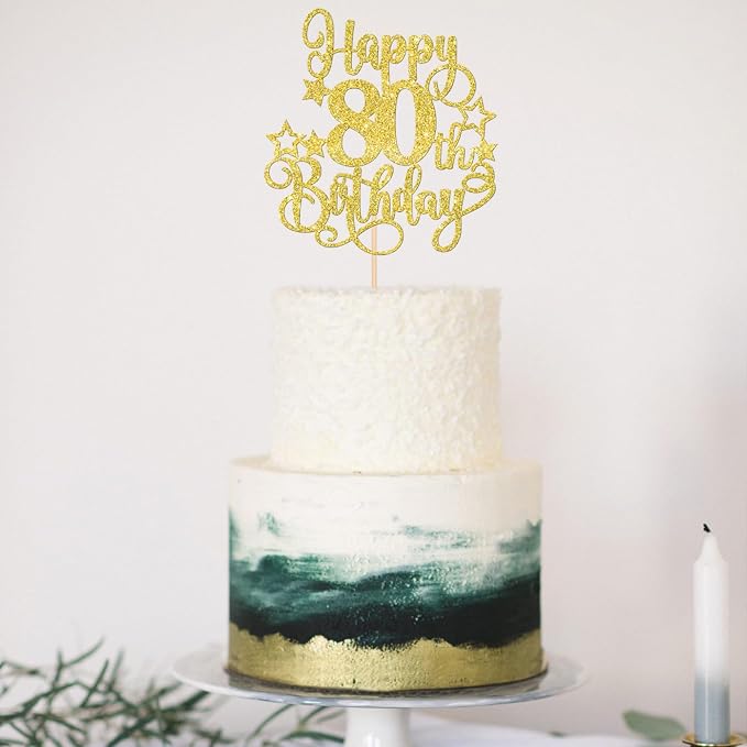 1 PCS Happy 80th Birthday Cake Topper Glitter Cheers to 80 Years Birthday Cake Pick Hello 80 Fabulous Cake Decoration for Happy 80th Birthday Anniversary Party Decorations Supplies Gold