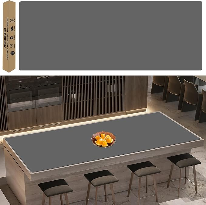 Super Large Silicone Mat, 120"x24"(305cmx60cm) Silicone Mats for Kitchen Counter, Non-Slip Heat Resistant Mat,Thicken Kitchen Counter Mat, Waterproof Countertop Protector for Craft (Dark Grey)