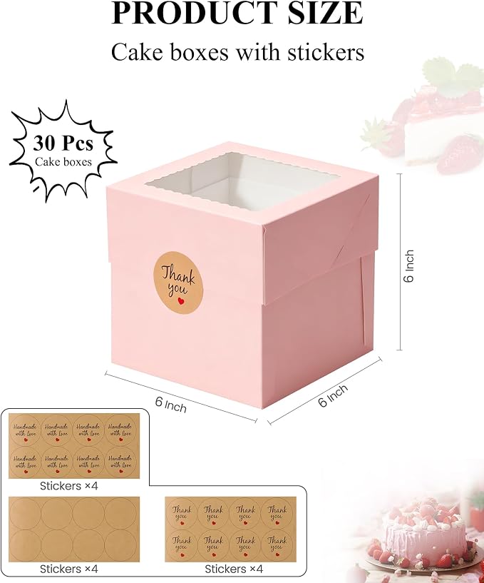 COTOPHER 30Pcs 6x6x6 Inches Mini Cake Boxes, Pink Bakery Boxes with Window, Cake Containers for Pastries, Cookies, Chocolates, Cupcakes, Birthday Party Cake Decorating Supplies for Gift Giving