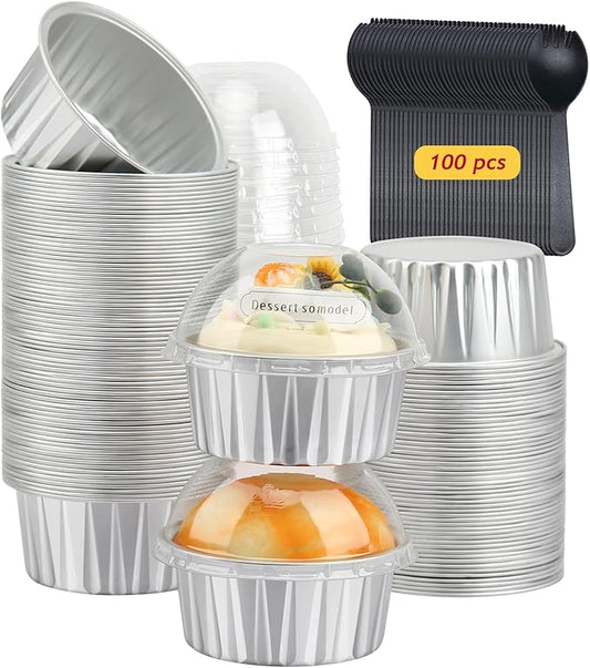 5oz Cupcake Pans Muffin Tins with Lids 100 Pack,LNYZQUS Aluminum Foil Mini Cake Baking Pans,Small Baking Cups Containers,Disposable Ramekins Muffin Cups -Silver