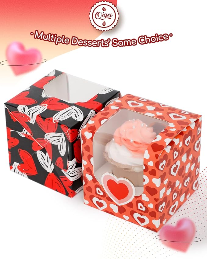 qiqee Valentine Cupcake Boxes Individual 60pcs Auto-Popup 3.5" x 3.5" x 3.5" Single Cupcake Carrier Container for Vanlentine ＆ Party