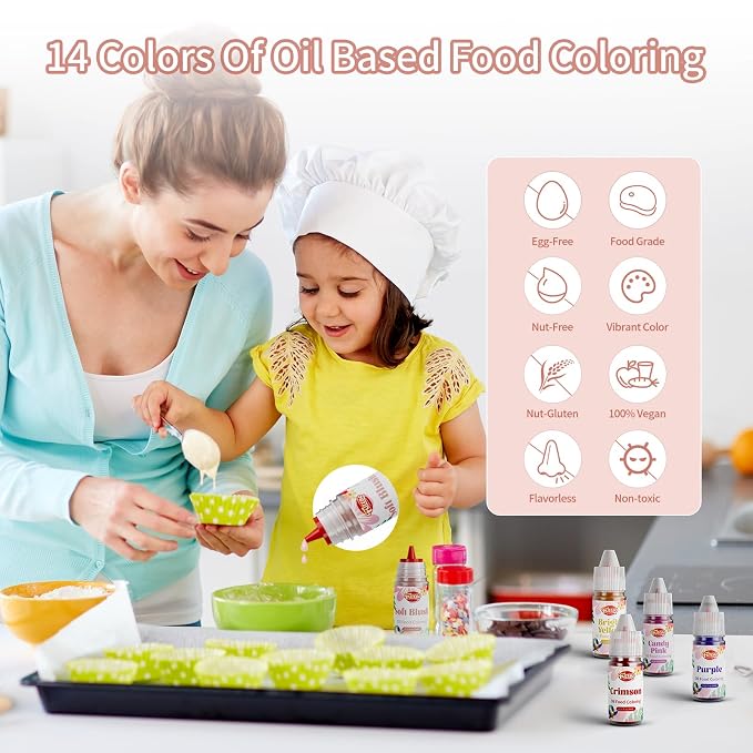 Oil Based Food Coloring for Chocolate, 14 Colors Oil Food Dye for Baking, Cake Decorating, Candy Melts, Food Grade Dye for Icing, Frosting, Fondant, Slime, DIY