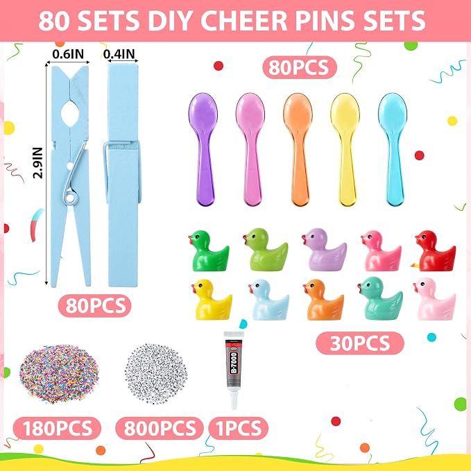 Geelin Cheer Pins Kit with 80 Pcs Spirit Clips, 800 Letter Beads, 30 Ducks, 80 Spoons, Glue, Decoration for Cheerleaders, Volleyball Team Gifts Bulk Stuff DIY Charms Macaron Colors