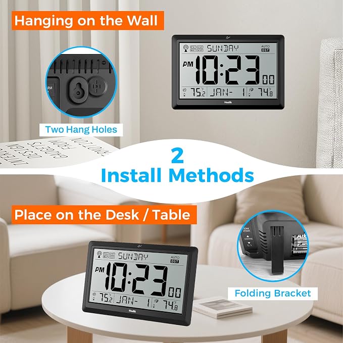 HODIK Wall Clock Atomic with Indoor Outdoor Temperature Battery Powered, Easy Reading with 10.5 Inch LCD Display, 330FT Range Table Wall Clock with DST, 12/24 Hour for Living Room Kicthen (Black)