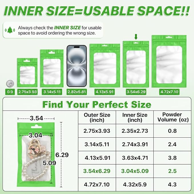 ANZNKU 100 Pack Lime Green Resealable Mylar Bags with Frosted Clear Window 3.54x6.29", Smell Proof Sealable Packaging Bags for Small Business, Foil Pouch Zip Goodie Bag for Candy Treat Jewelry