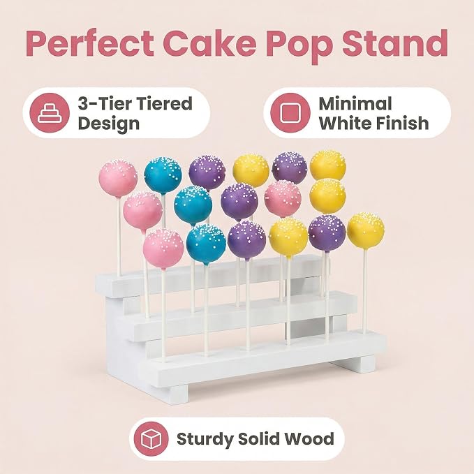 NANGOPOP Cake Pop Stand Display Riser - 3 Tier Wood Lollipop Holder, 17 Hole Sucker Stand for Dessert Table of Wedding, Birthday Party - White, Collapsible, Fit 5/32" (4mm) Lollipop Sticks