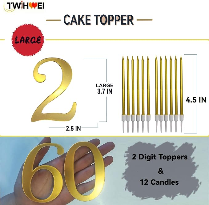 3.7IN Gold Acrylic Number 2 Cake Topper with 12 Gold Long Candles - Perfect for 2nd Birthday Party Supplies, Ideal for Cake Decoration