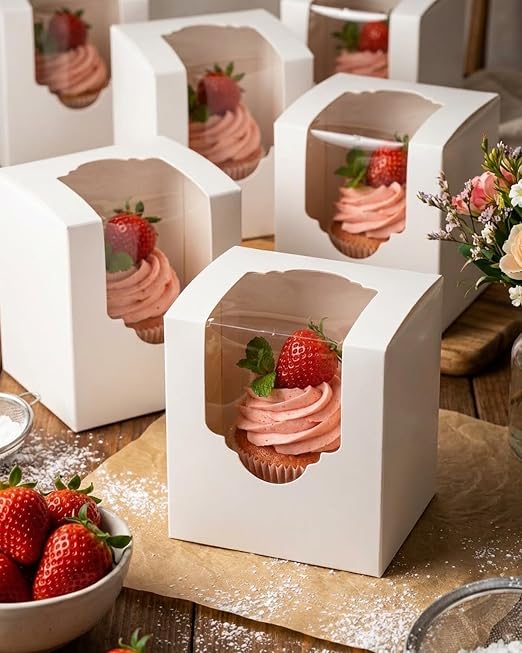 qiqee White Auto-pop up Cupcake Boxes Individual Cupcake 3.5x 3.5x 3.5inch 200pcs Single Cupcake Boxes
