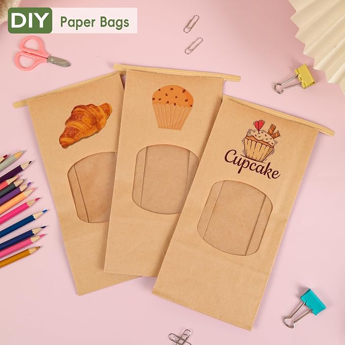 Moretoes 100pcs Medium Bakery Cookie Bags with Window, 4.5x2.36x9.6in, Seal by Tin Tie Tab, Kraft Paper Bags for Cookie Coffee Bread Bakery Pastry Packing