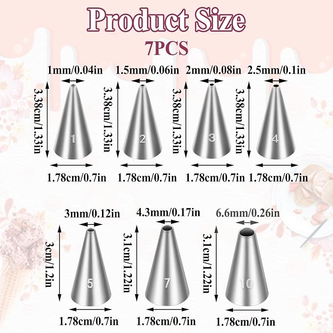 Jeffdad 7 Pcs Round Hole Piping Tips Set, Professional Stainless Steel Cupcake Frosting Nozzles Tool Russian Pastry Icing Dispensers Supplies for Cake Decorating Supplies Baking Set Tools(7PCS)