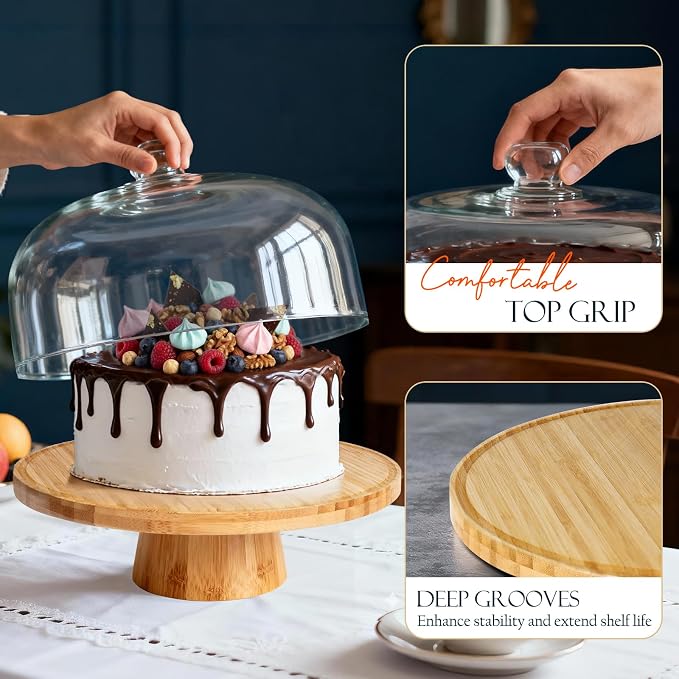 Masthome Bamboo Cake Stand with Acrylic Dome Lid, 6-in-1 Multi Functional Serving Platter & Dessert Display Stand,Charcuterie Board,Fruit Tray,Dip Bowl,Serving Platter for Wedding,Christmas Party