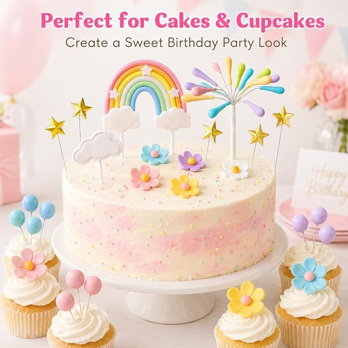 34Pcs Rainbow Cake Topper, Pastel Rainbow Cake Decorations with Daisy Flower Heads, Cloud, Gold Star, Firework & Ball Toppers for Birthday Cake Cupcake Party Decor