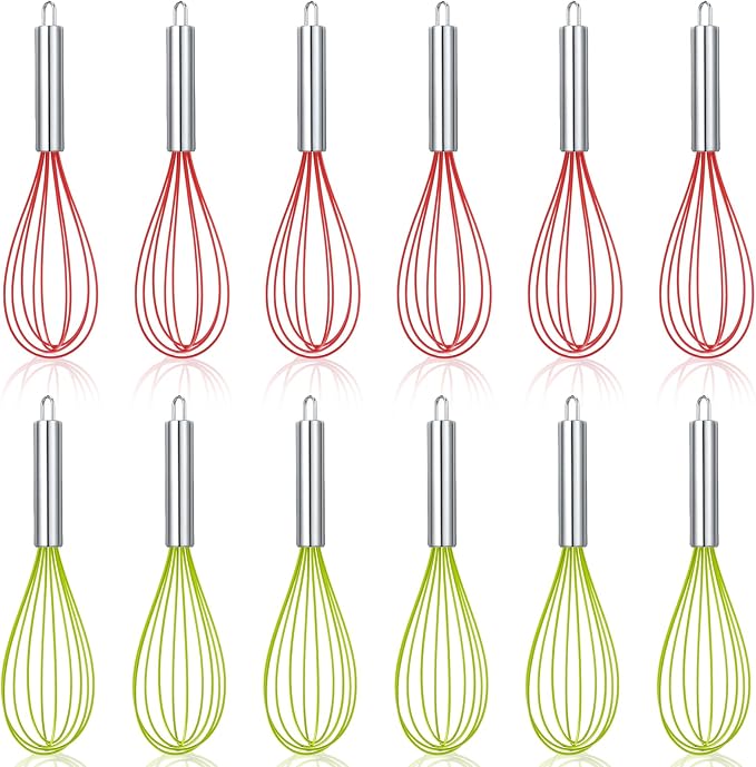 FoldTier 6 Sets 10 Inch Christmas Whisks Gifts DIY Fillable Christmas Tree Ornaments Xmas Colored Silicone Whisks for Cooking Heat Resistant Egg Beaters with Card Rope Bag for Candy Holder