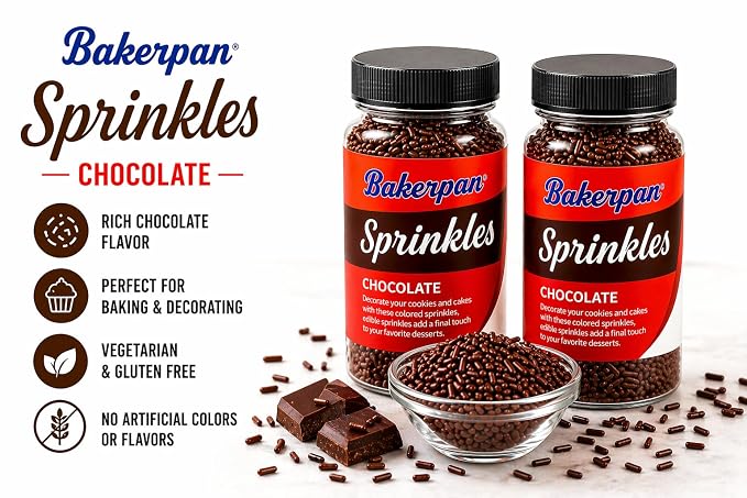 Bakerpan Chocolate Sprinkles for Ice Cream - 8.6 oz Chocolate Jimmies Sprinkles for Cake Decorating, Donuts, Cupcakes & Brownies | Kosher, Gluten-Free, Made in USA