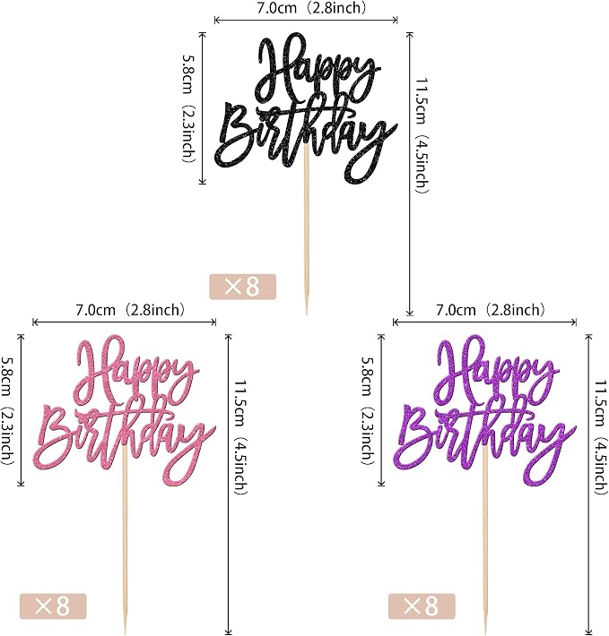 24 PCS Happy Birthday Cupcake Toppers Glitter Happy Birthday Cupcake Picks for Celebrating Anniversary Theme Party Cake Decorations Supplies Black Purple Pink